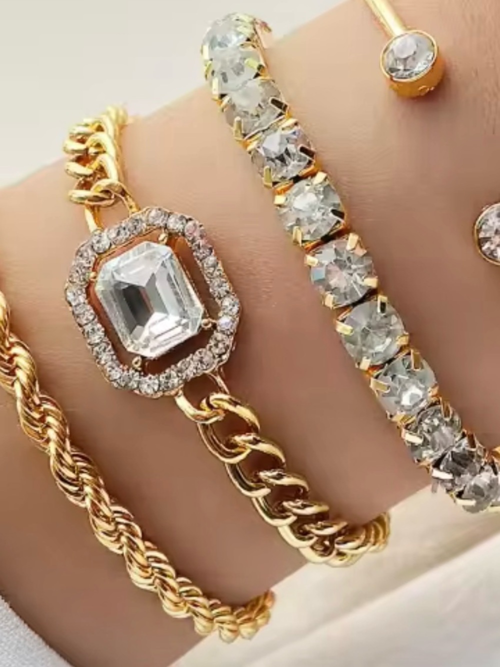 Gold Crystal Bracelet Set with Clear Stones - Women Jewelry